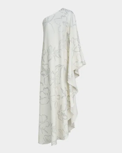 HALSTON NEVEAN ONE-SHOULDER FOIL CREPE CAFTAN