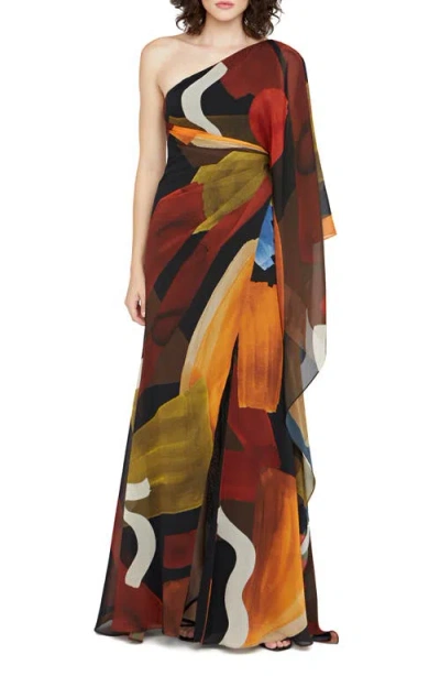 Halston Nusi Chiffon One-shoulder Maxi Dress In Abstract Shapes