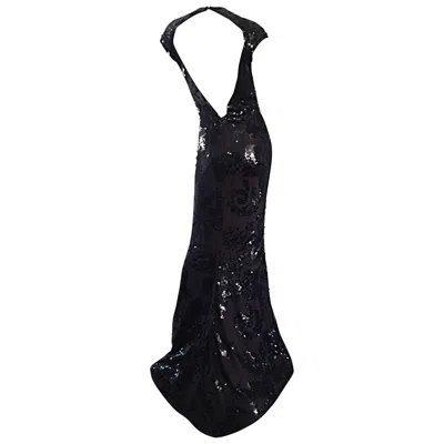 Pre-owned Halston Nwt $12k Vintage Size 6 Open Back Black Silk Sequin Gown Dress