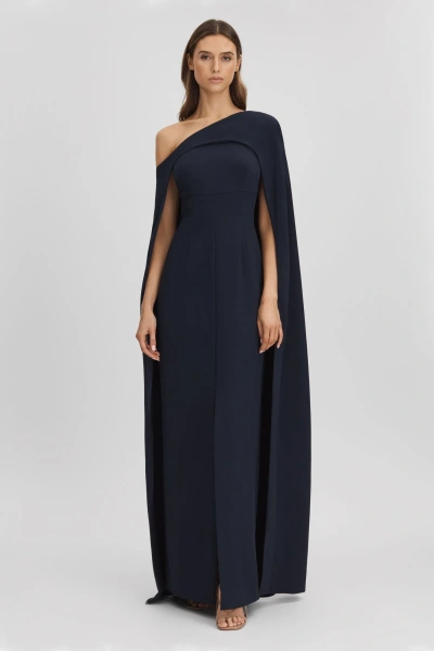 Halston Off-the-shoulder Cape Maxi Dress In Navy