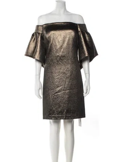 Pre-owned Halston Off-the-shoulder Mini Dress In Gold