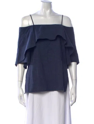 Pre-owned Halston Off-the-shoulder Short Sleeve Top In Blue