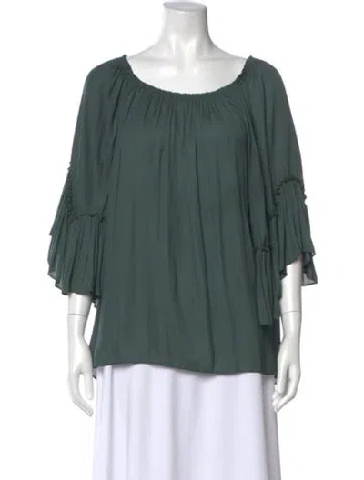 Pre-owned Halston Off-the-shoulder Three-quarter Sleeve Blouse In Green