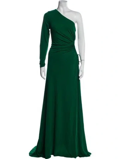 Pre-owned Halston One-shoulder Long Dress In Green