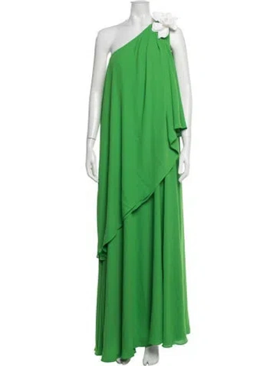 Pre-owned Halston One-shoulder Long Dress In Green