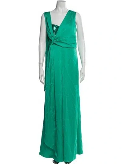 Pre-owned Halston One-shoulder Long Dress W/ Tags In Green