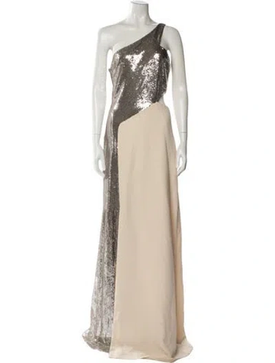 Pre-owned Halston One-shoulder Long Dress W/ Tags In Neutral