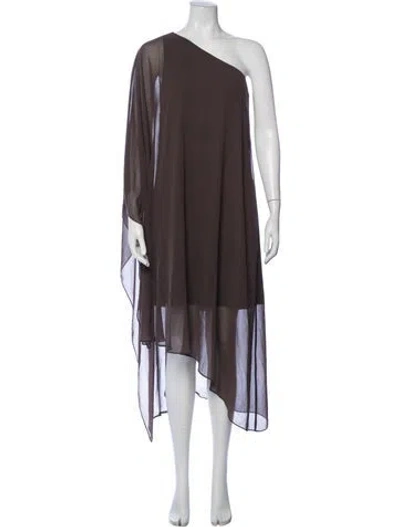 Pre-owned Halston One-shoulder Midi Length Dress In Brown