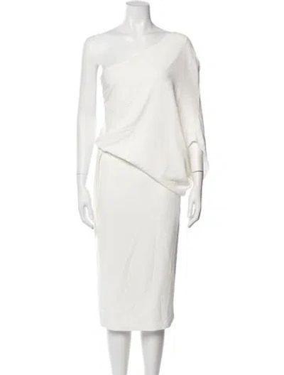 Pre-owned Halston One-shoulder Midi Length Dress In White