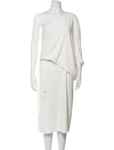 Pre-owned Halston One-shoulder Midi Length Dress In White