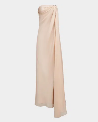 Halston Oyster Draped Strapless Chiffon Gown