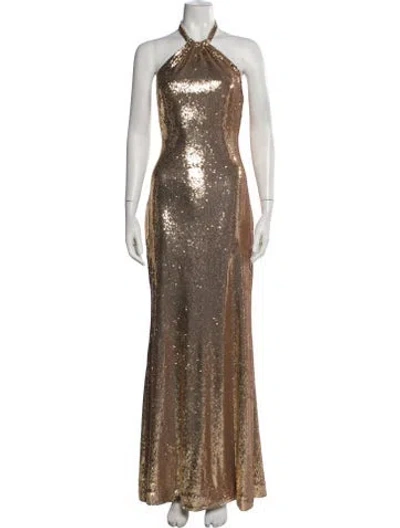 Pre-owned Halston Patterned Long Dress W/ Tags In Gold