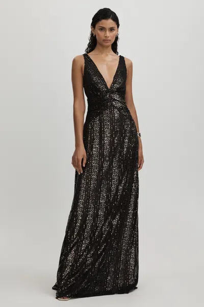 Halston Plunge Neck Sequin Maxi Dress In Black