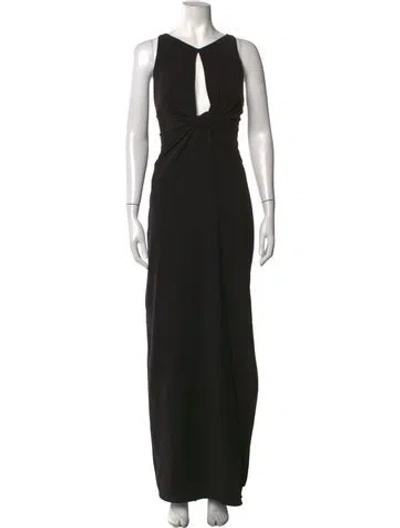 Pre-owned Halston Plunge Neckline Long Dress In Black