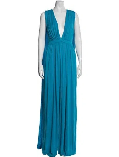 Pre-owned Halston Plunge Neckline Long Dress In Blue