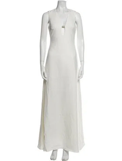 Pre-owned Halston Plunge Neckline Long Dress In Neutrals