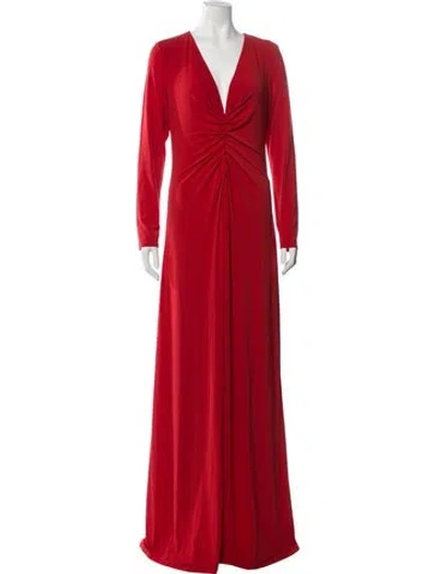 Pre-owned Halston Plunge Neckline Long Dress In Red