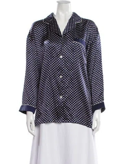 Pre-owned Halston Polka Dot Print Long Sleeve Button-up Top In Blue