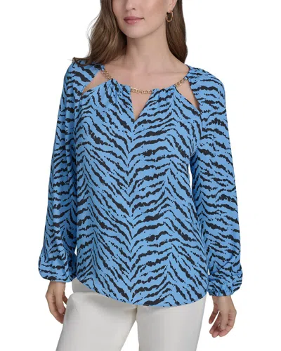 Halston Printed Chain Neck Blouse In Blue