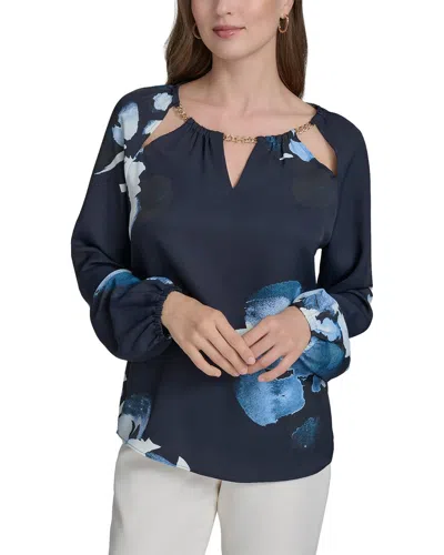 Halston Printed Chain Neck Blouse In Blue