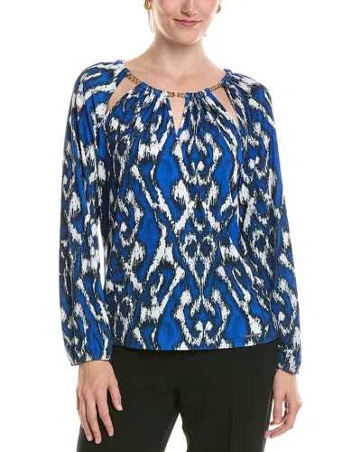 Halston Printed Chain Neck Blouse In Blue