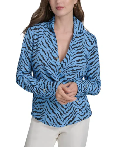 Halston Printed Faux Wrap Blouse In Blue