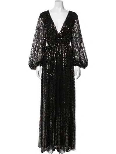 Pre-owned Halston Printed Long Dress W/ Tags In Black