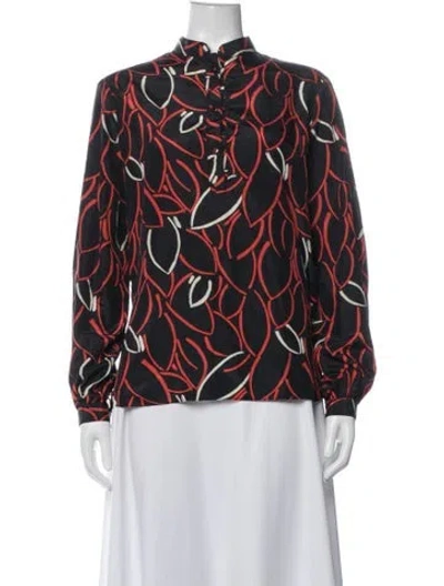 Pre-owned Halston Printed Long Sleeve Blouse In Black