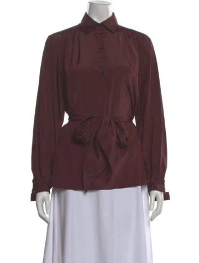 Pre-owned Halston Printed Long Sleeve Blouse In Burgundy