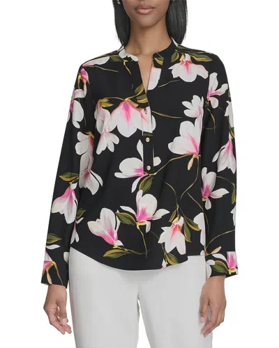 Halston Printed Mandarin Collar Front Pocket Blouse In Black