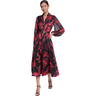 Halston Printed Midi Formal Shirt Dress With Belt In Black
