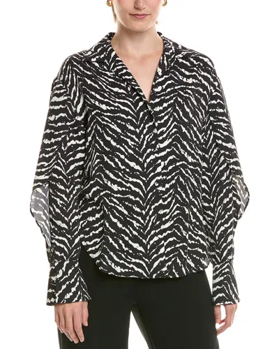Halston Printed Ruffle Sleeve V-neck Blouse In Black
