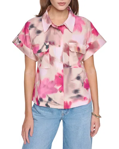 Halston Printed Short Sleeve Button Up Shirt In Multi