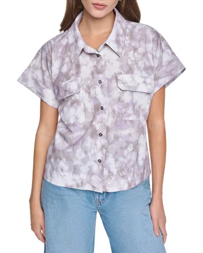 Halston Printed Short Sleeve Button Up Shirt In Purple