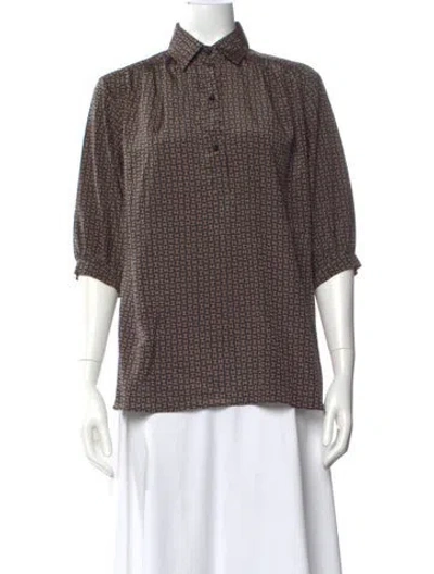 Pre-owned Halston Printed Three-quarter Sleeve Blouse In Brown