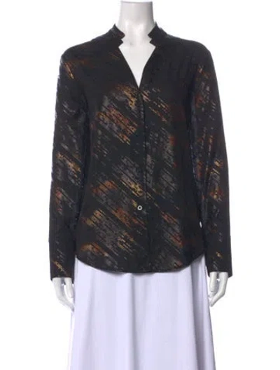 Pre-owned Halston Printed V-neck Blouse In Black