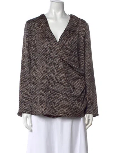 Pre-owned Halston Printed V-neck Blouse In Blue