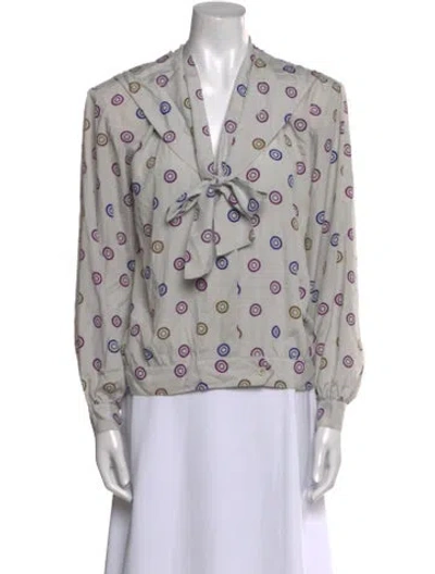 Pre-owned Halston Printed V-neck Blouse In Gray