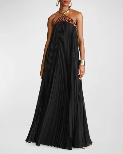 Halston Pythia Pleated Sequin-embellished Trapeze Gown In Black
