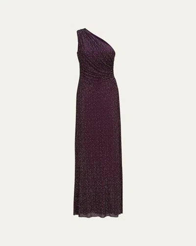 Halston Rafelle One-shoulder Rhinestone Gown In Black Raspberry