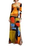 Halston Klara Geometric-print Velvet Gown In Abstract Shapes