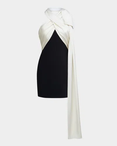 Halston Renae Draped Two-tone Halter Mini Dress In Black And Ivory