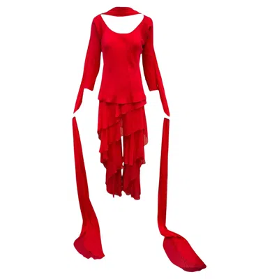 Pre-owned Halston Resort Red Silk Chiffon Ruffled Beach Pajama Ensemble, 1977