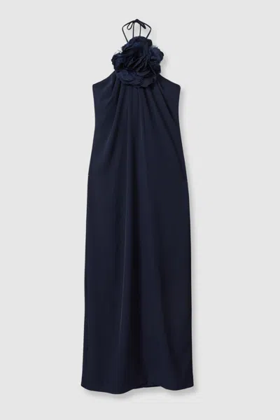 Halston Rosette Maxi Dress In Navy