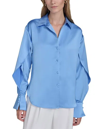 Halston Ruffle Sleeve V-neck Blouse In Blue