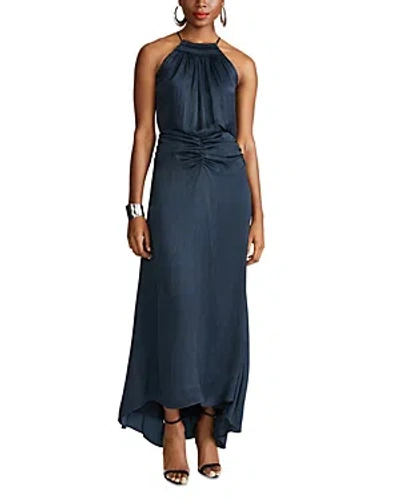 Halston Satin Asymmetric Halter Gown In Navy