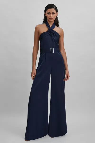 Halston Satin Halter Neck Jumpsuit In Black