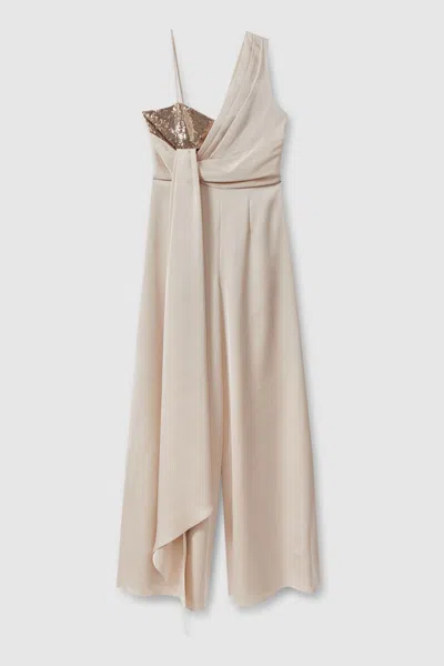 Halston Satin Sequin Wide Leg Jumpsuit In Champagne