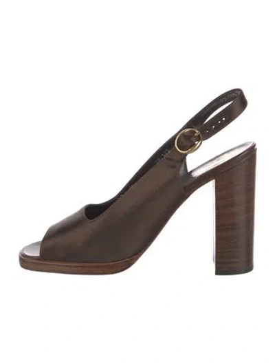 Pre-owned Halston Satin Slingback Sandals In Brown