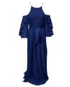 Halston Seersucker Ruffled Long Dress With Belt In Blue Polyester In Blue
